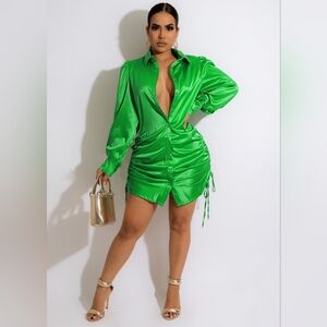 Vibrant Emerald Green Satin Ruched Shirt Dress